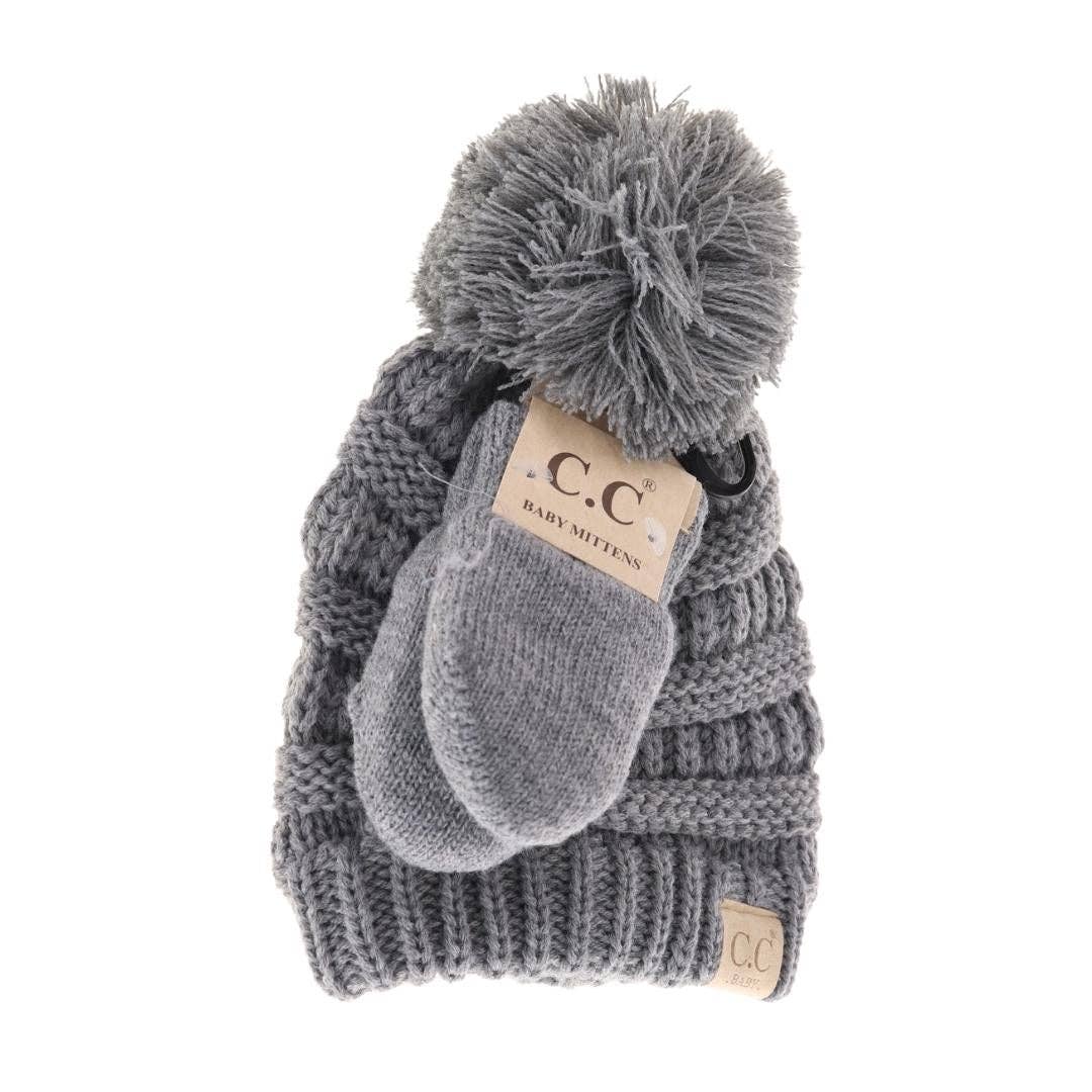BABY Solid Knit Pom C.C Beanie with Mitten SET BABYSET2: Beige
