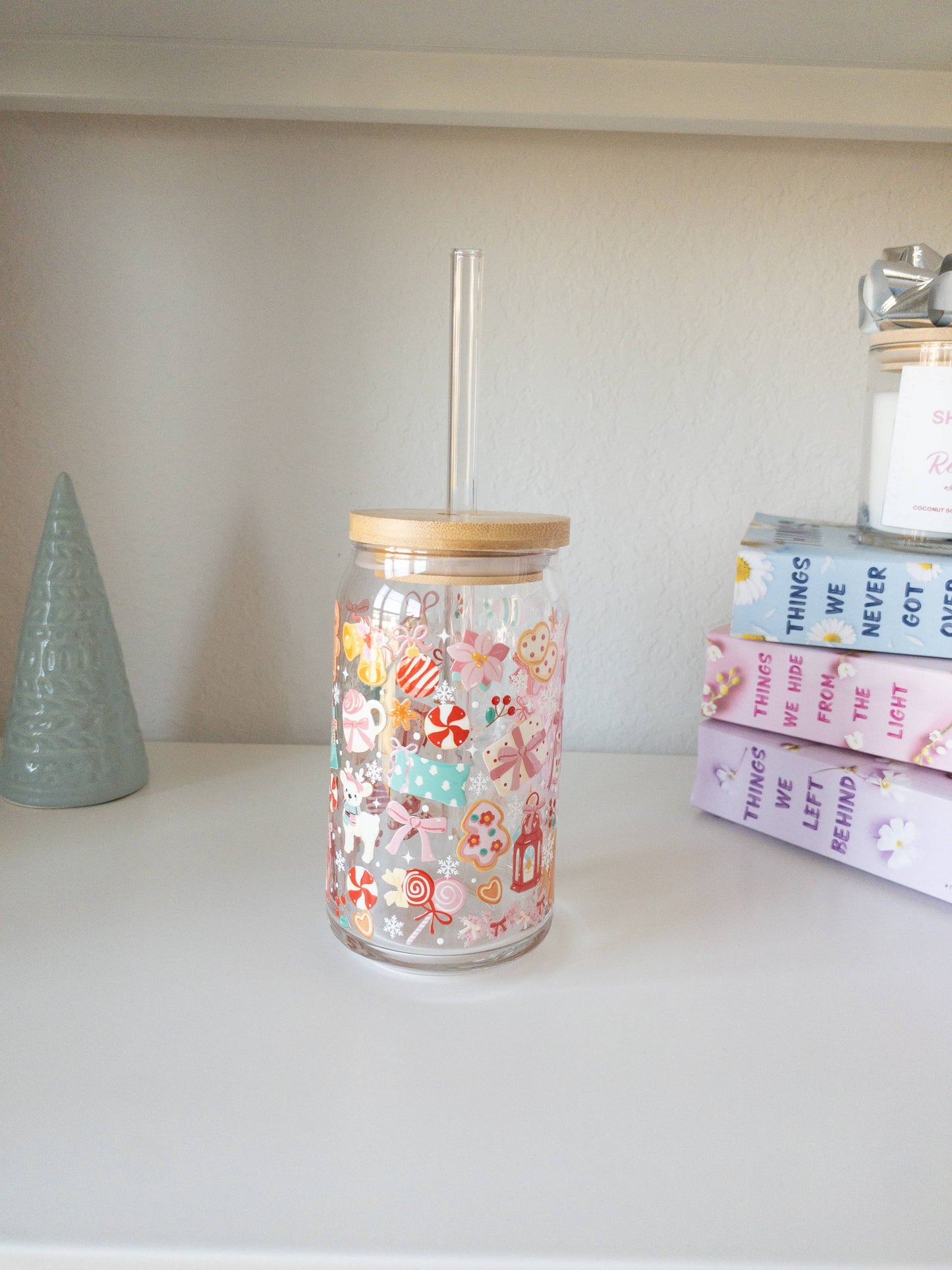 Pastel Holiday Glass Cup – 16oz: Add bent straw and lid