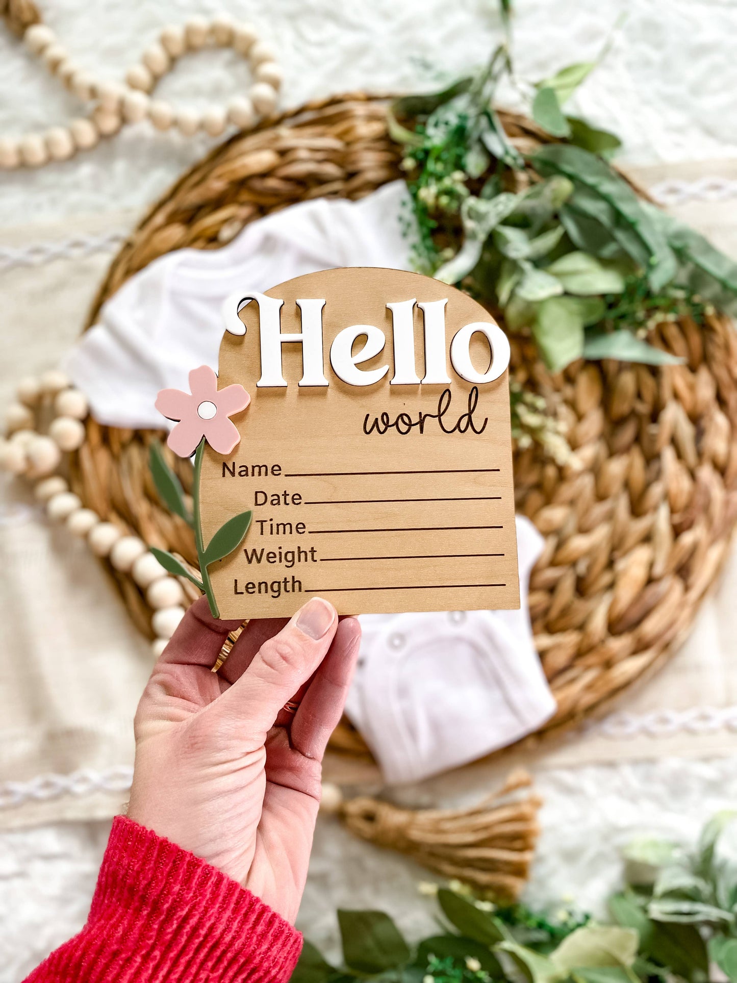 Hello World Birth Stat Sign - Pretty Wildflowers : Dusty Mauve