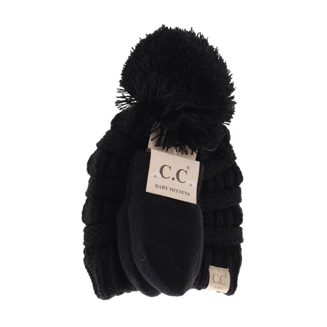BABY Solid Knit Pom C.C Beanie with Mitten SET BABYSET2: Beige