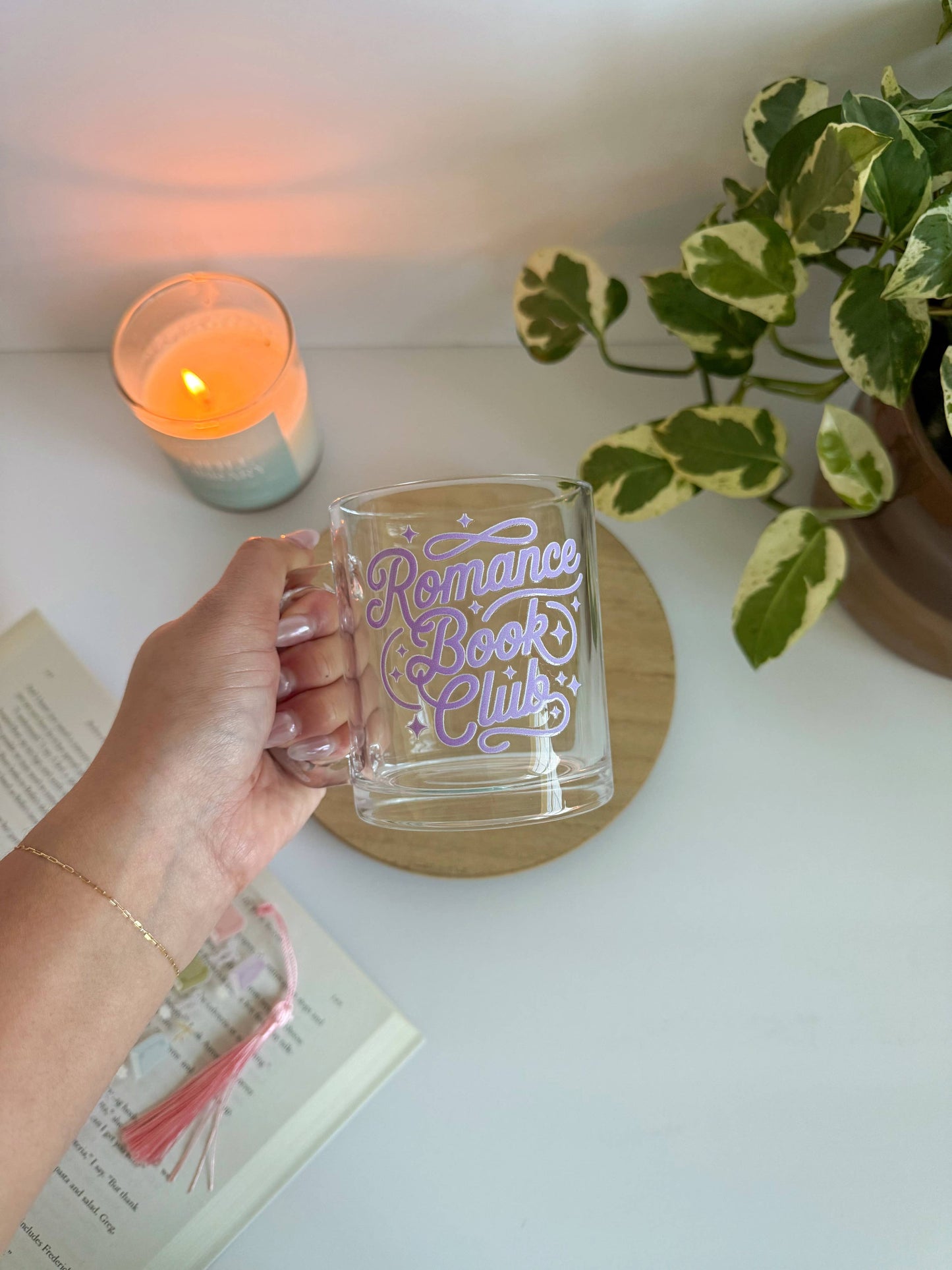 Romance Book Club Bookish Glass Mug – Aesthetic Clear Mug for Coffee & Book Lovers