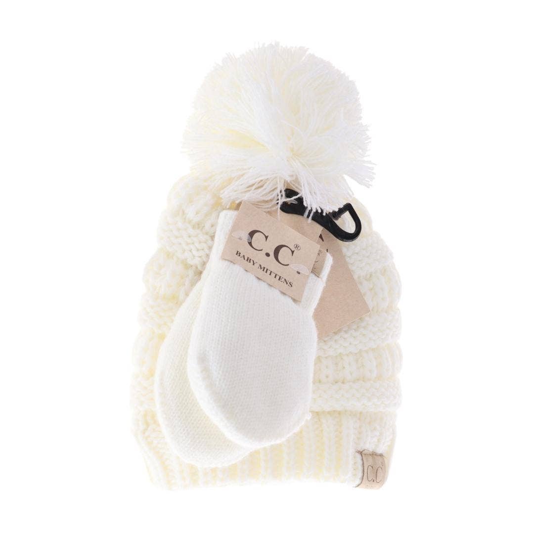 BABY Solid Knit Pom C.C Beanie with Mitten SET BABYSET2: Beige
