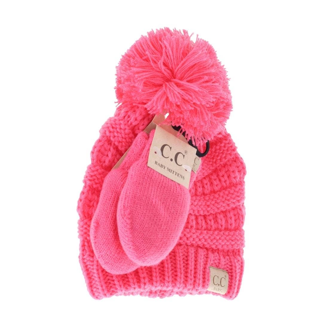 BABY Solid Knit Pom C.C Beanie with Mitten SET BABYSET2: Beige