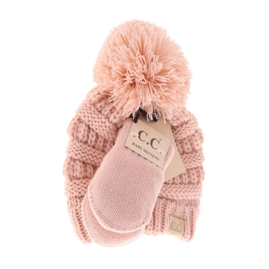 BABY Solid Knit Pom C.C Beanie with Mitten SET BABYSET2: Beige