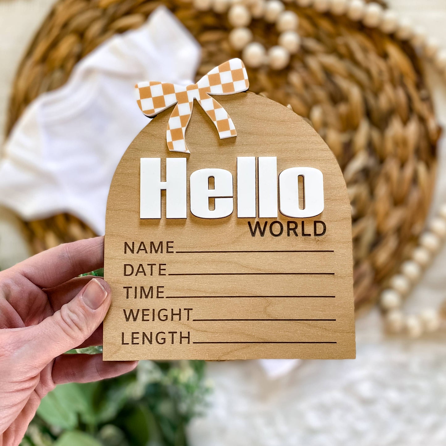 Hello World Birth Stat Sign - Checkered Bow: Black
