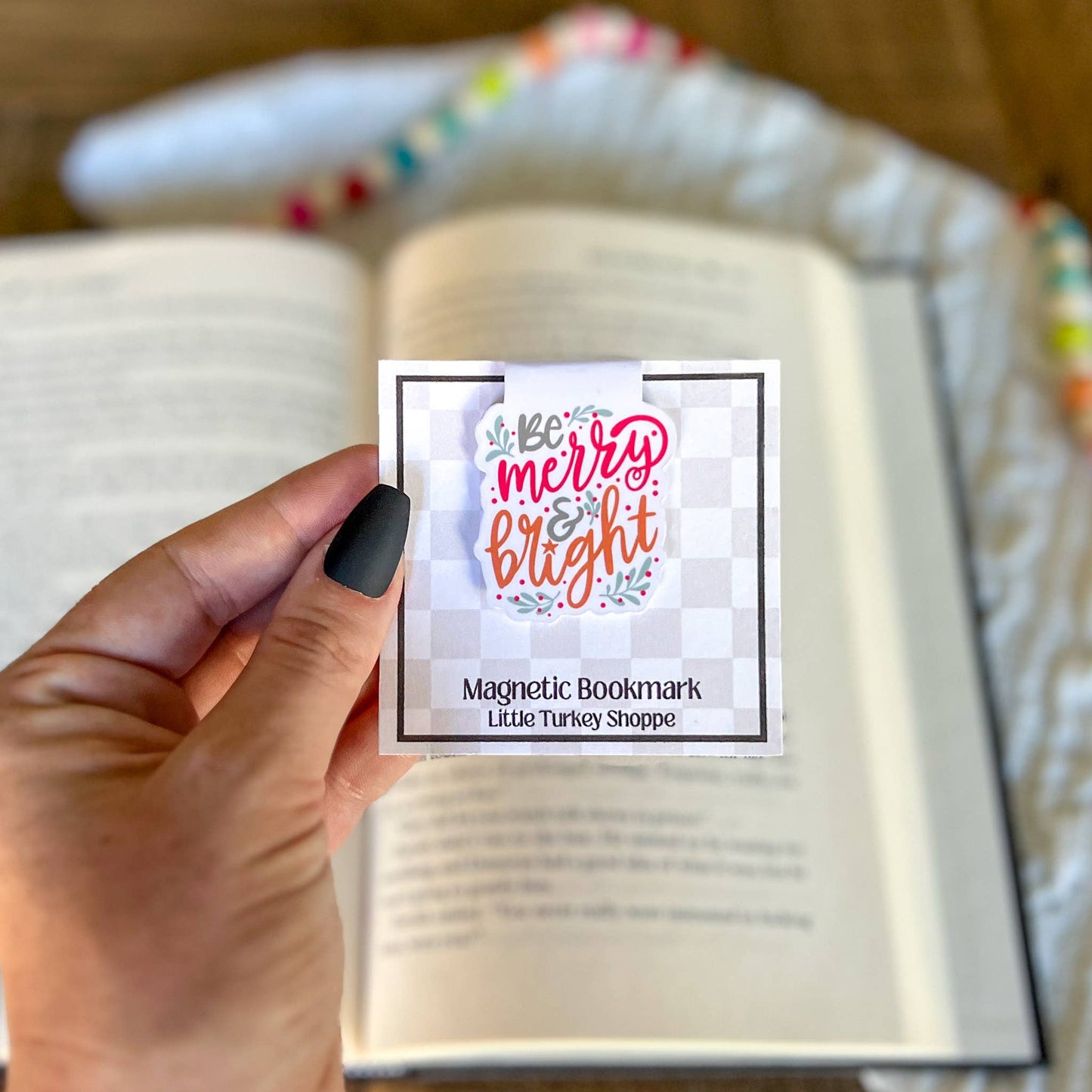 Boho Pink Merry and Bright Christmas Magnetic Bookmark