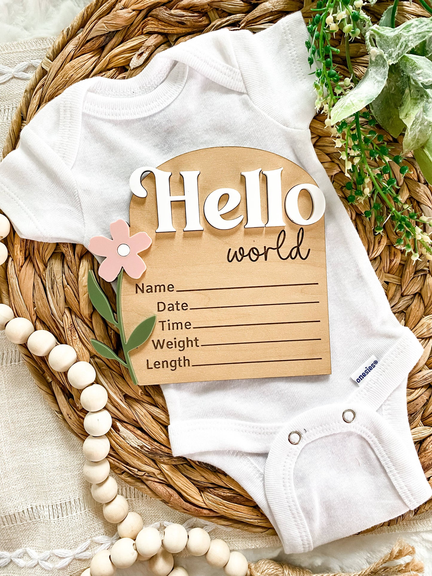 Hello World Birth Stat Sign - Pretty Wildflowers : Dusty Mauve