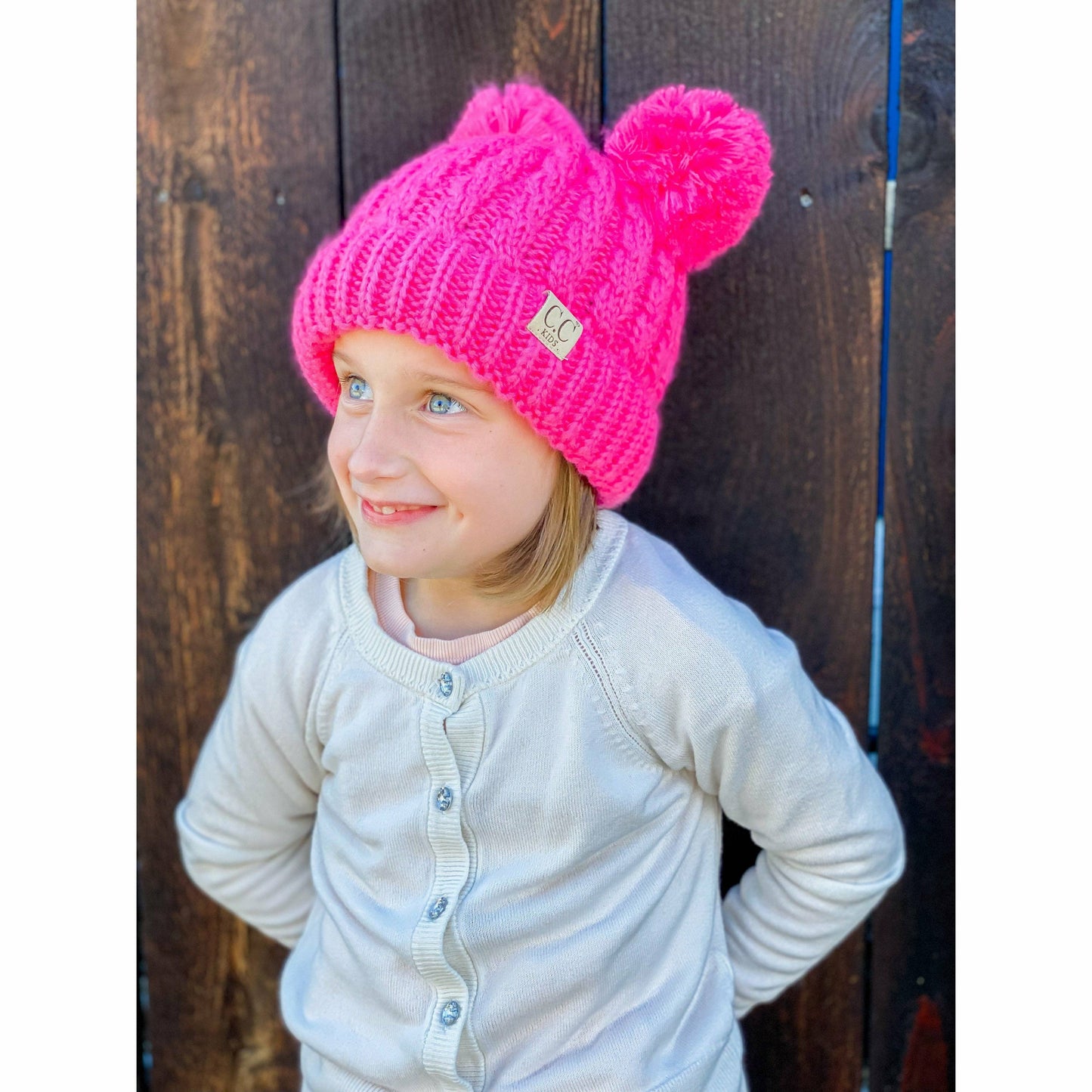 Kids Solid Double Pom CC Beanies KIDS24: Beige