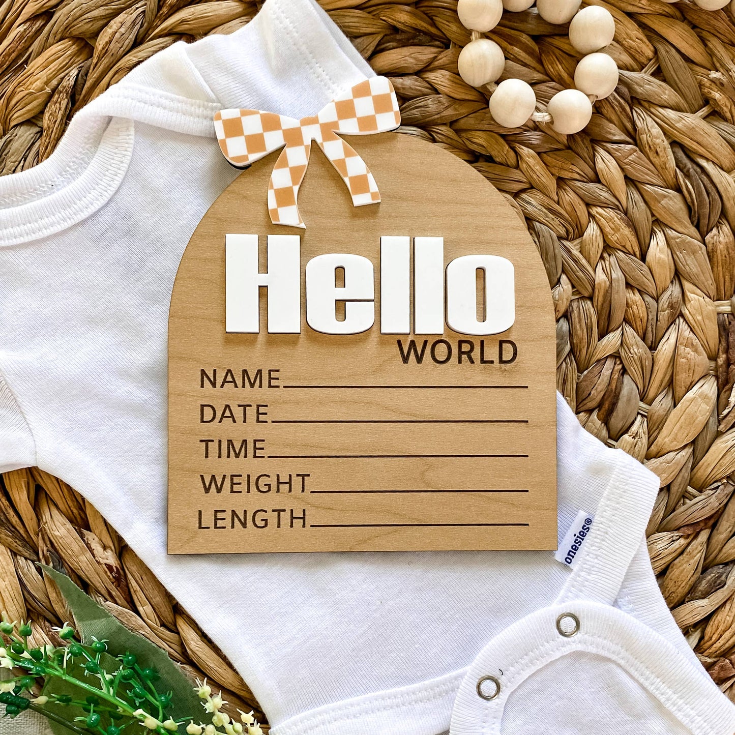 Hello World Birth Stat Sign - Checkered Bow: Black