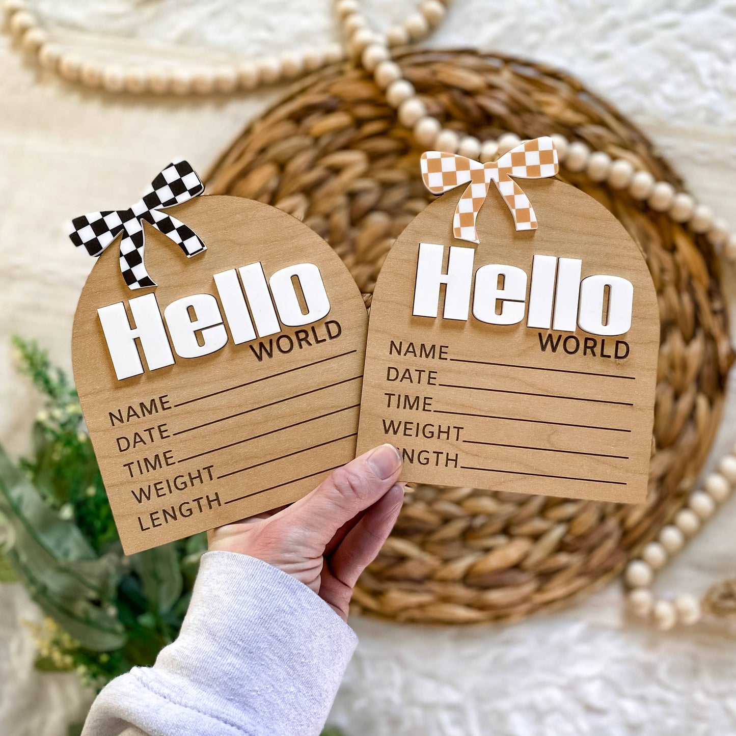 Hello World Birth Stat Sign - Checkered Bow: Black