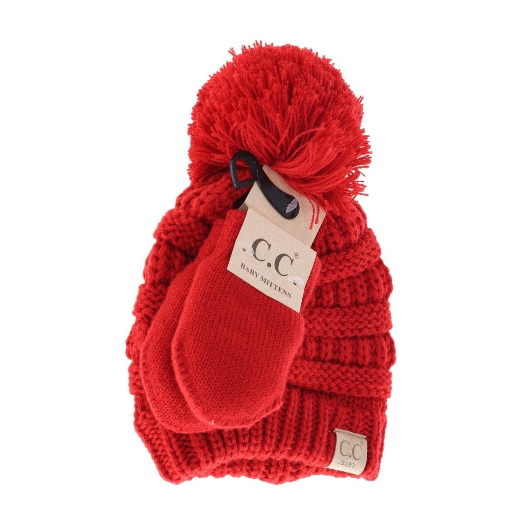 BABY Solid Knit Pom C.C Beanie with Mitten SET BABYSET2: Beige