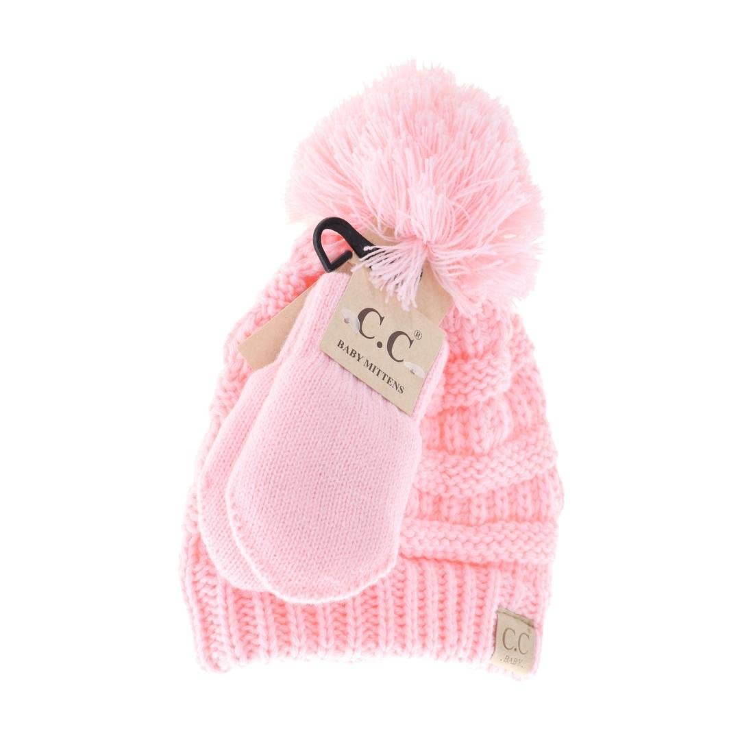 BABY Solid Knit Pom C.C Beanie with Mitten SET BABYSET2: Beige