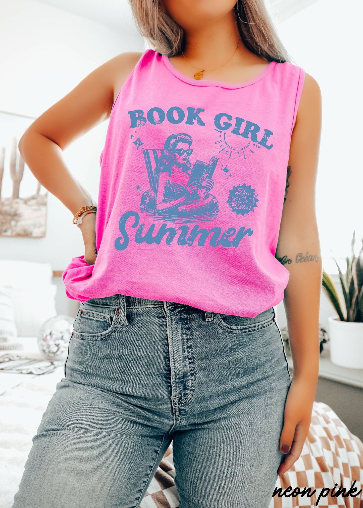 Book Girl Summer Tank: Neon Pink