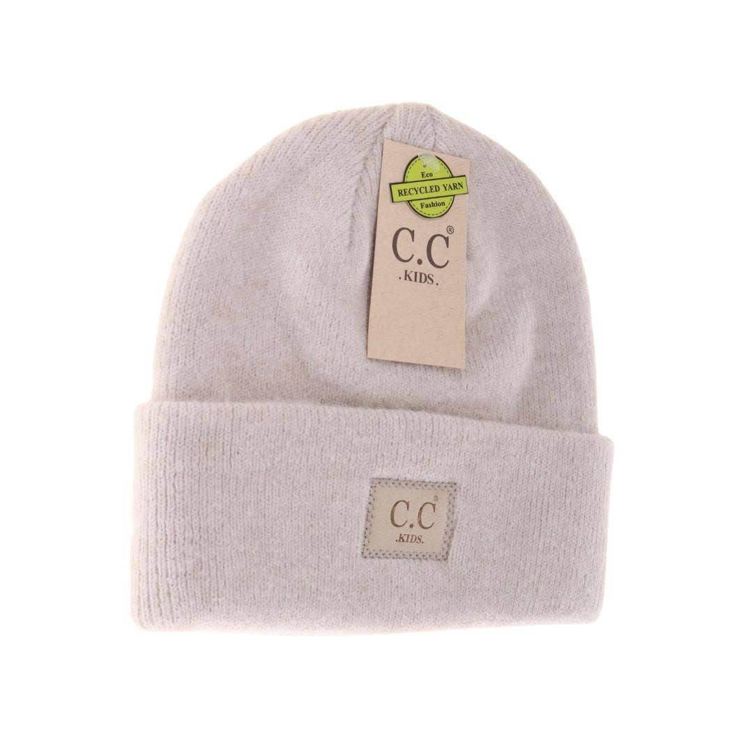 KIDS Soft Ribbed Leather Patch C.C. Beanie KIDS9021: Heather Lt. Beige