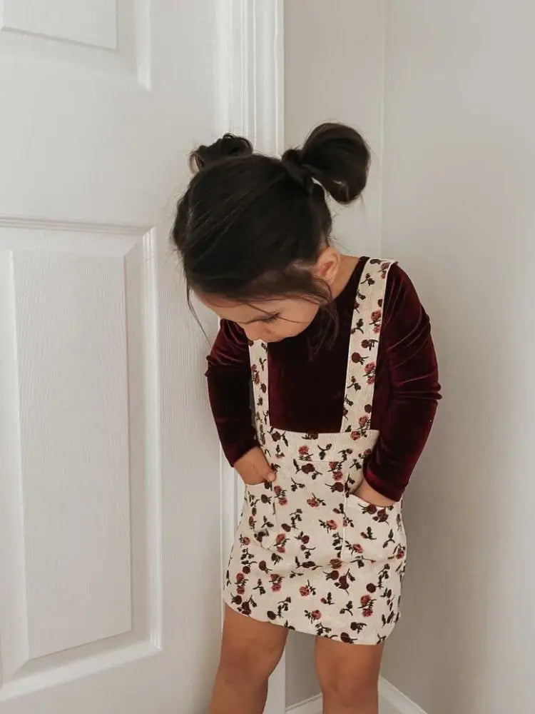 Billie Corduroy Suspender Skirt- Red Rose Petals