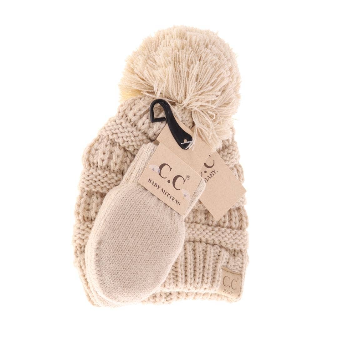BABY Solid Knit Pom C.C Beanie with Mitten SET BABYSET2: Beige