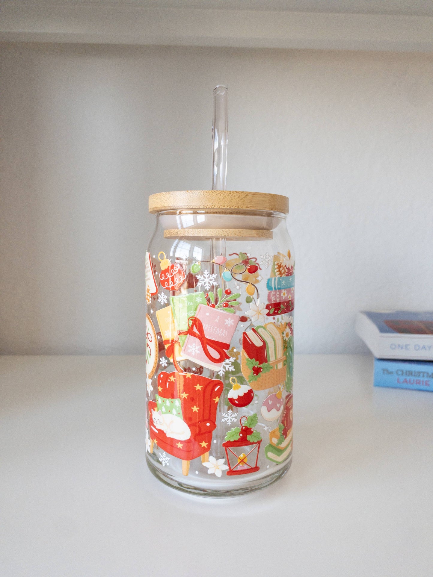 Holiday Bookish Glass Cup – 16oz & 20oz : Add lid and straw / 16 oz
