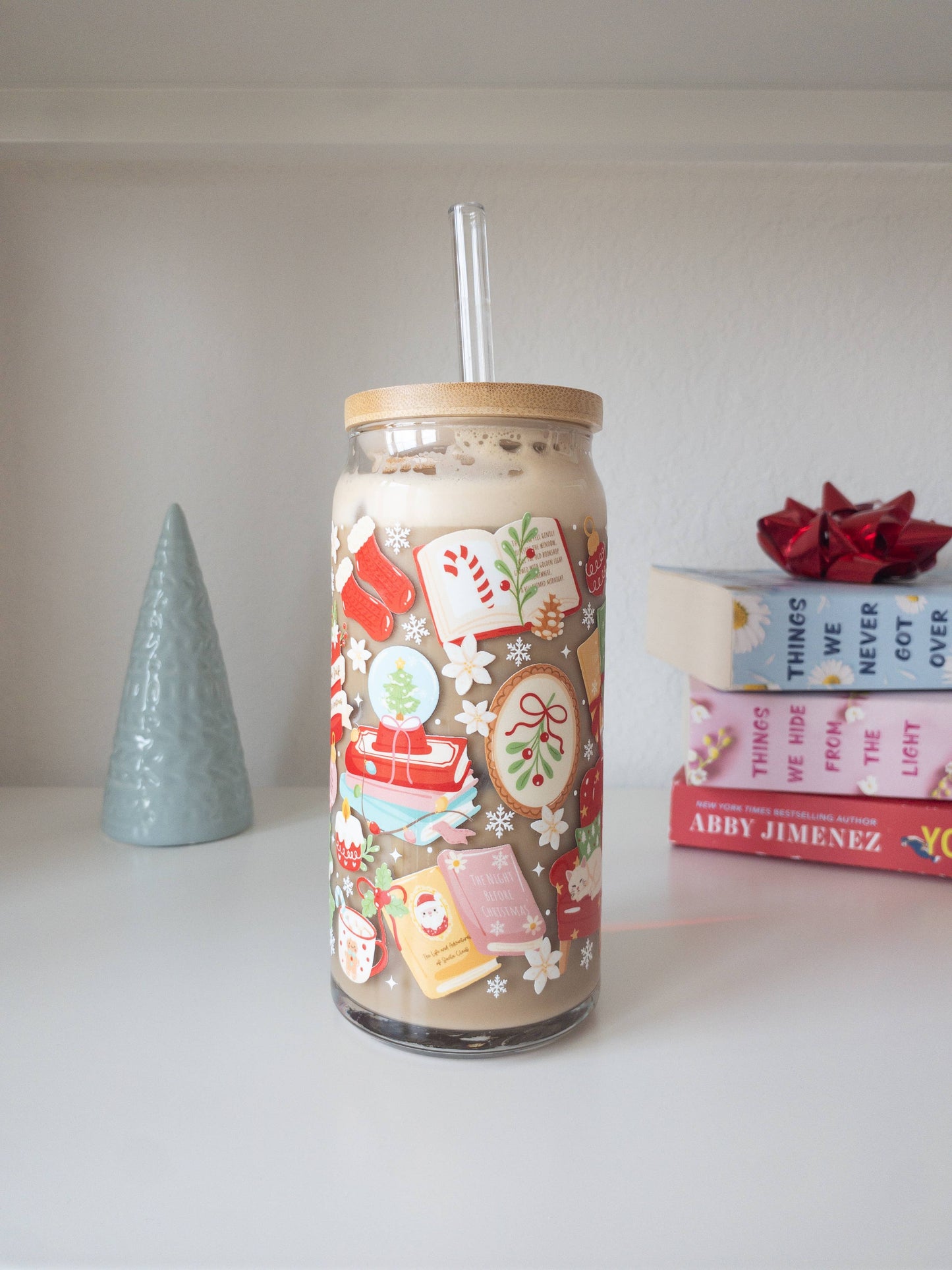 Holiday Bookish Glass Cup – 16oz & 20oz : Add lid and straw / 16 oz