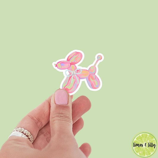 Pink Watercolor Balloon Animal Dog Pearl Sticker |  Girly: Holographic/Sparkly