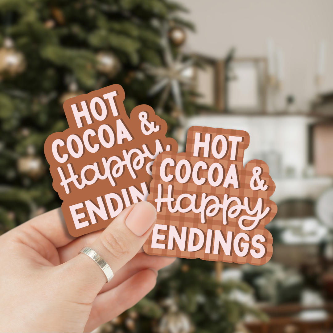 Hot Cocoa and Happy Endings Vinyl Sticker, Bookish Christmas: Plaid / Large 2" x 2"