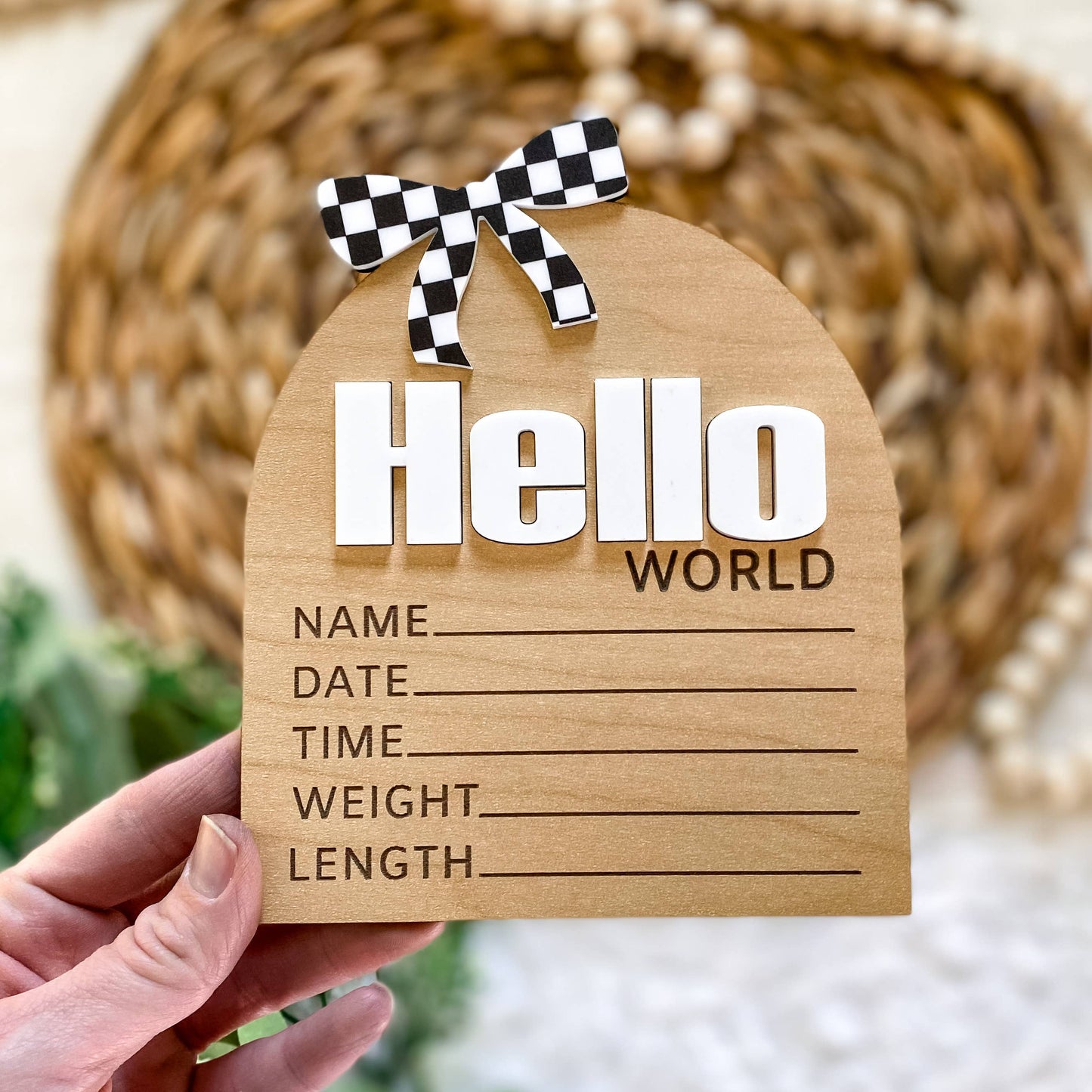 Hello World Birth Stat Sign - Checkered Bow: Black