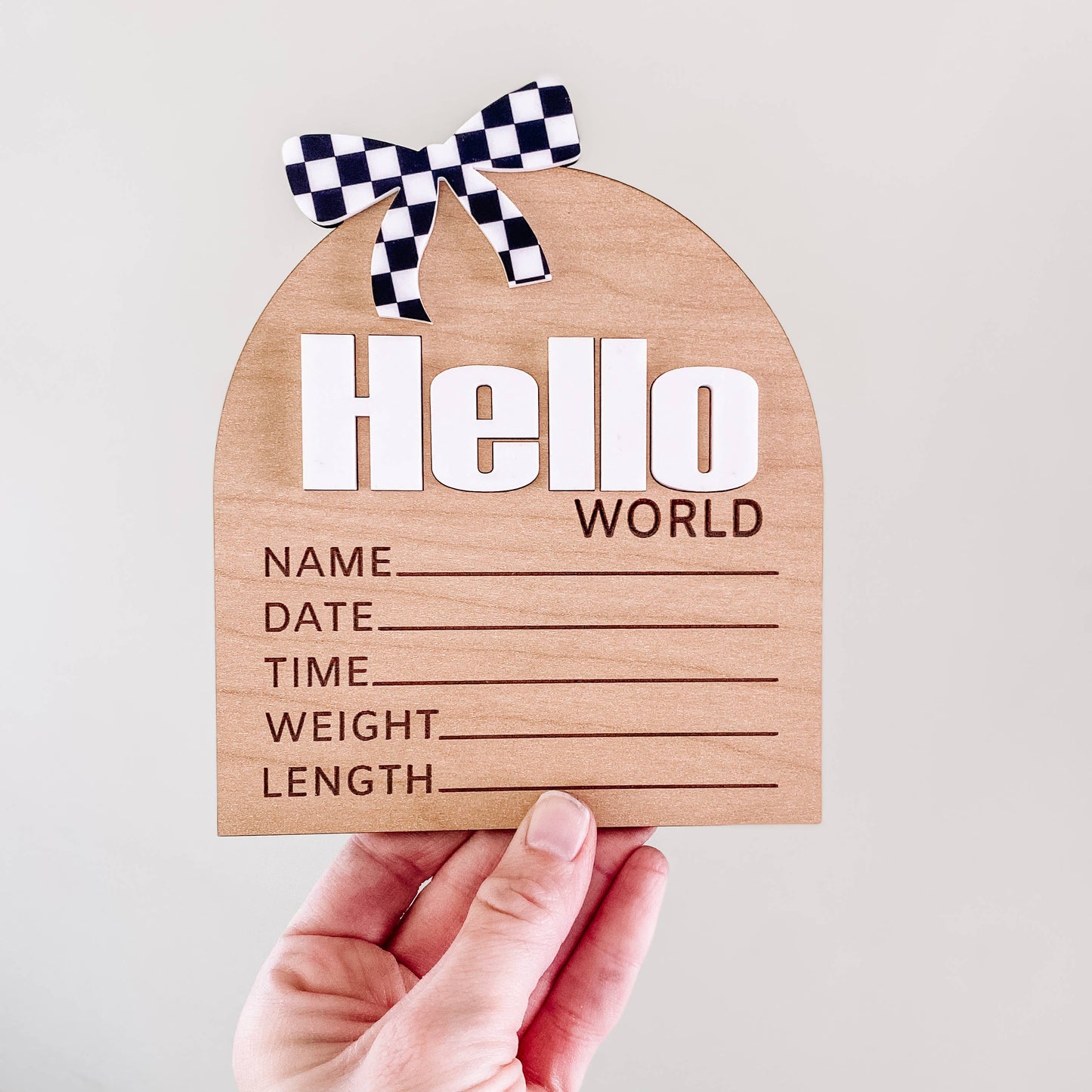 Hello World Birth Stat Sign - Checkered Bow: Black