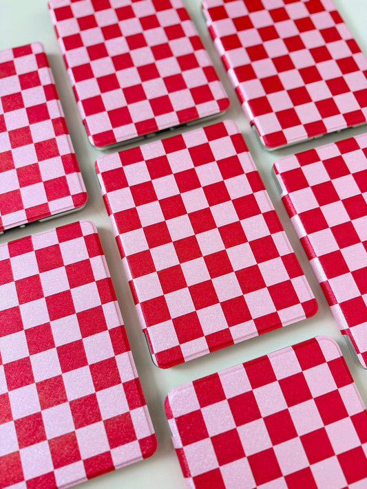 Kindle Case Cover w/ Clear Back & Cover Strap - Red/ Pink Checkers - 11th Generation 6.8” Paperwhite