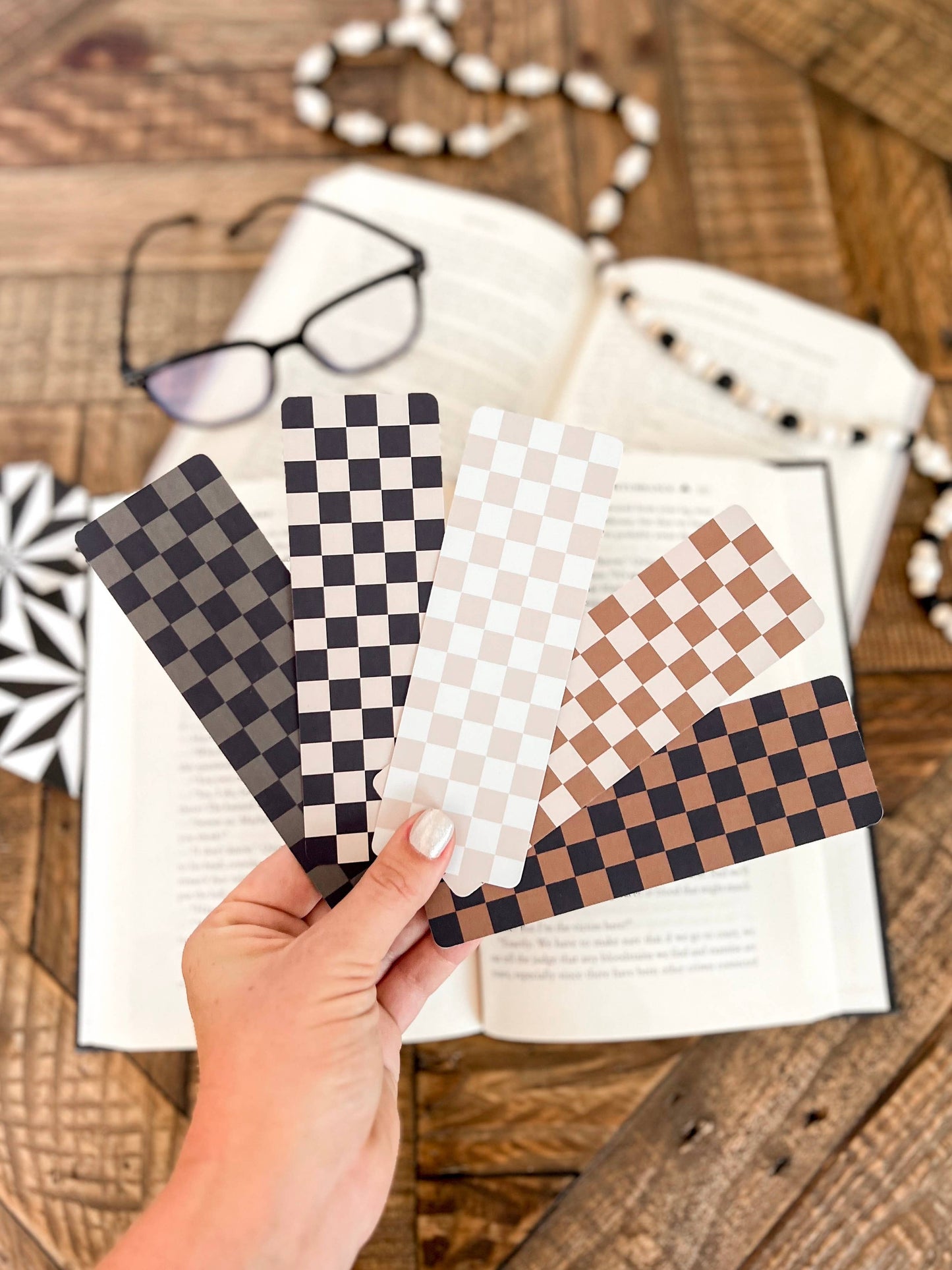 Neutral Checkered Bookmark: Caramel on Black / Soft Touch Matte