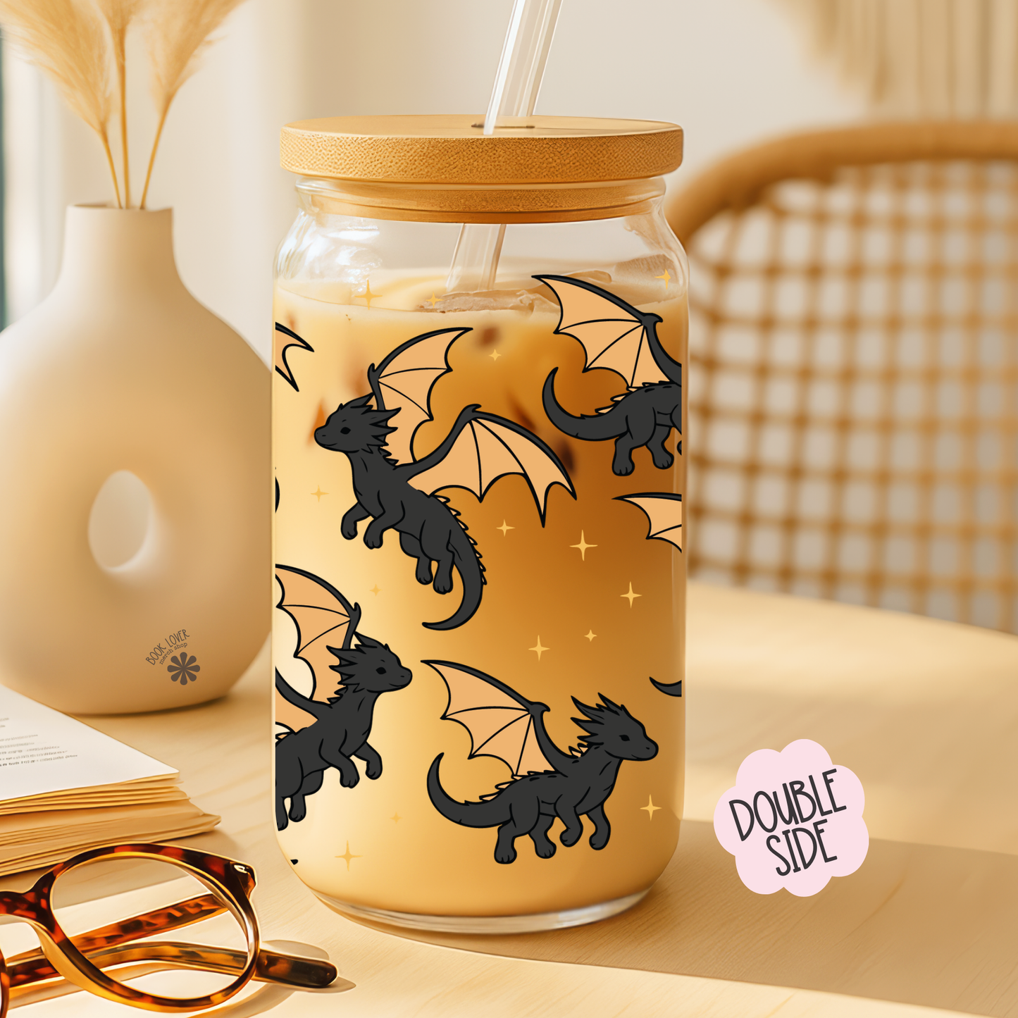 Black Dragons 16 OZ Glass Can With Lid and Straw : READY-TO-USE 16 OZ GLASS CAN