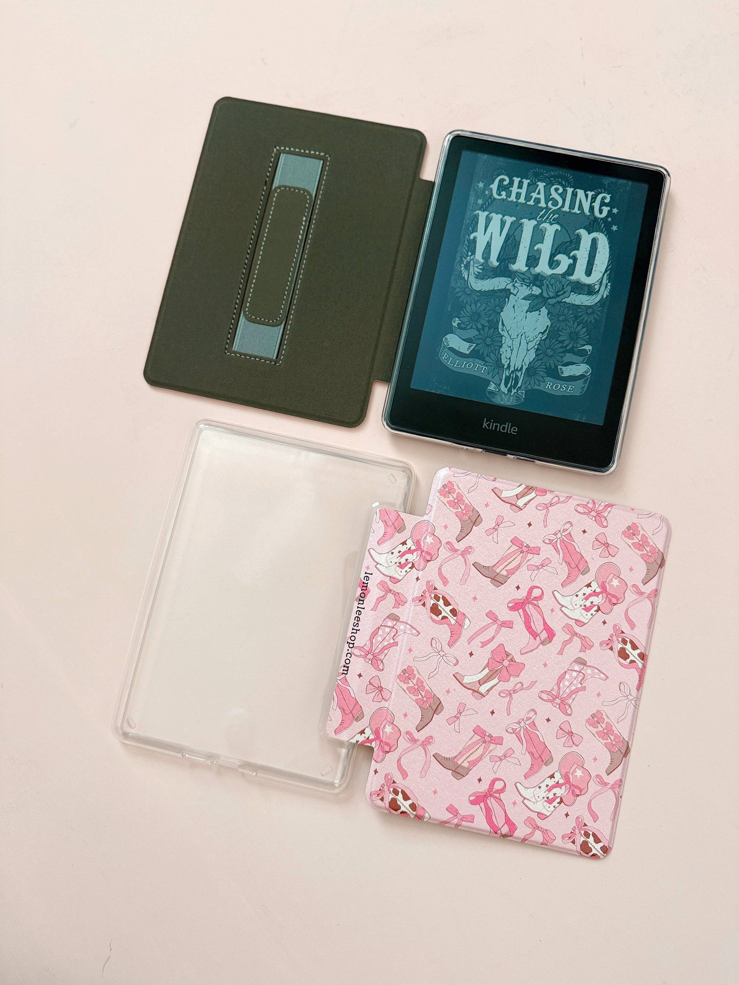 Kindle Case Cover w/ Clear Back & Cover Strap - Boots + Bows -  12th Generation 7" Paperwhite/Colorsoft