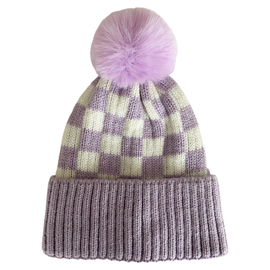 Checkerboard Fur Pom Hat, Wisteria: 0 - 12 mo.