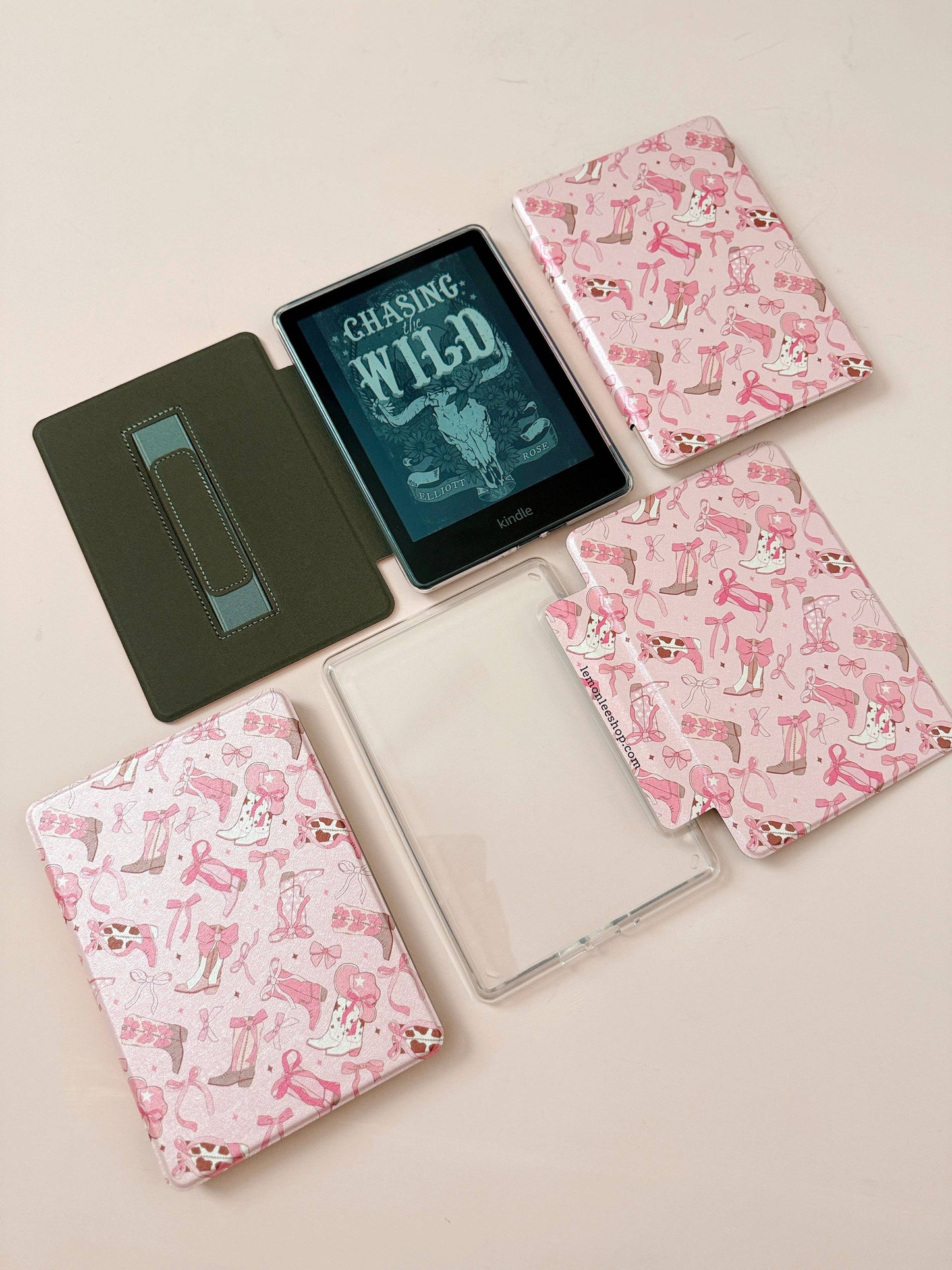 Kindle Case Cover w/ Clear Back & Cover Strap - Boots + Bows -  12th Generation 7" Paperwhite/Colorsoft