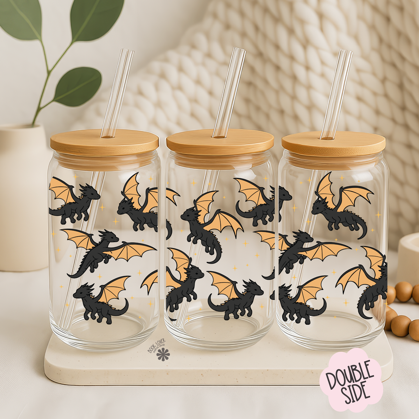 Black Dragons 16 OZ Glass Can With Lid and Straw : READY-TO-USE 16 OZ GLASS CAN