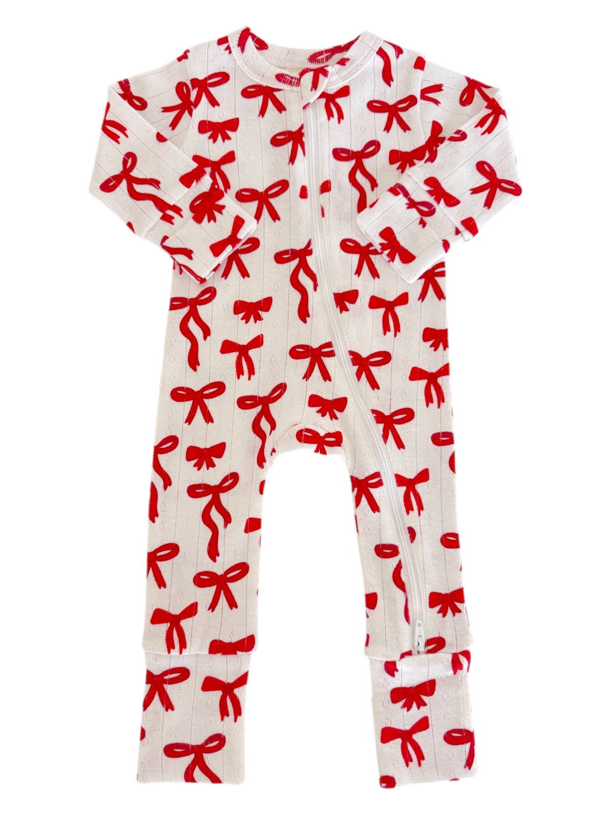 Red Bows / Organic Pointelle 2-Way Zip Romper