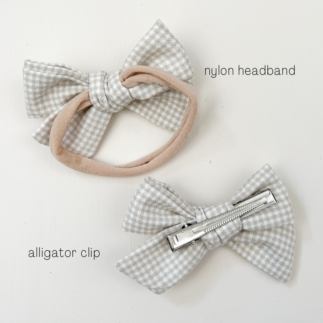 Alligator Clip Bow Set - Taupe Linen/Mini Check