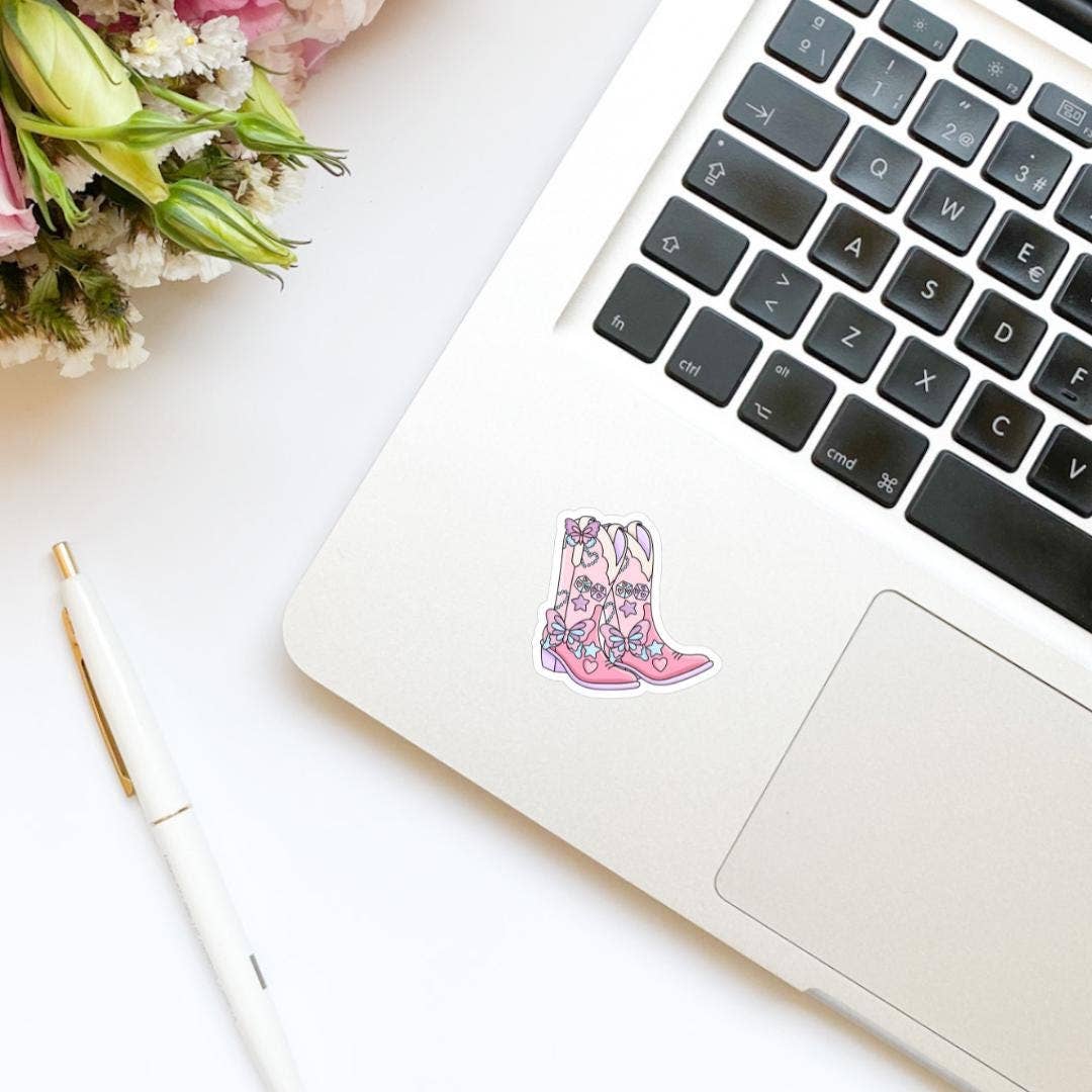 Pink Butterfly Cute Girly Cowgirl Boots vinyl sticker,: Holographic/Sparkly