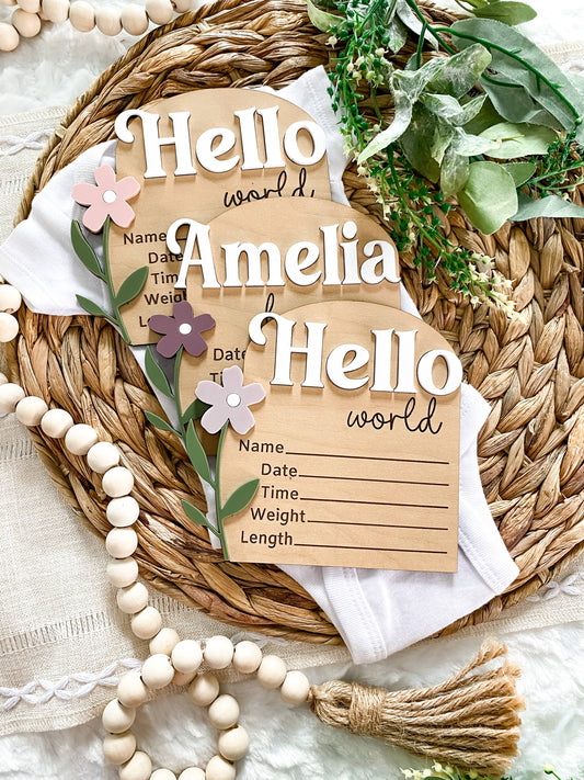 Hello World Birth Stat Sign - Pretty Wildflowers : Dusty Mauve