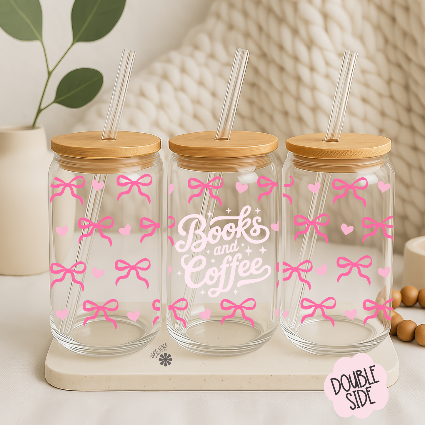 Books and Coffee 16 OZ Glass Can With Lid and Straw: READY-TO-USE 16 OZ GLASS CAN