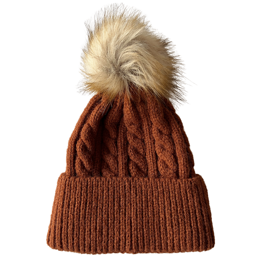 Cable Knit Fur Pom Hat, Timber: 0 - 12 mo.