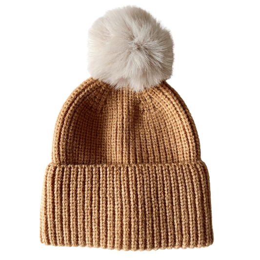 Rib Knit Fur Pom Hat, Rustic: 0 - 12 mo.