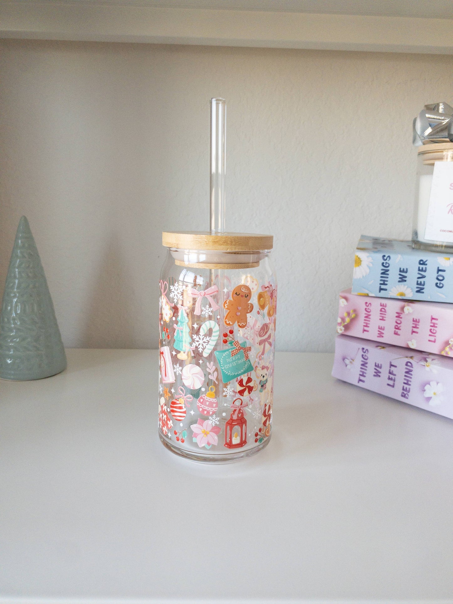 Pastel Holiday Glass Cup – 16oz: Add bent straw and lid