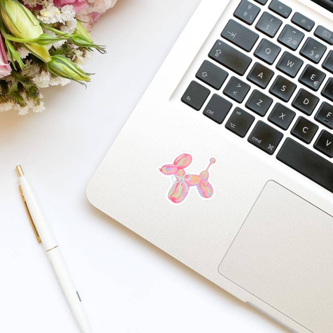 Pink Watercolor Balloon Animal Dog Pearl Sticker |  Girly: Holographic/Sparkly