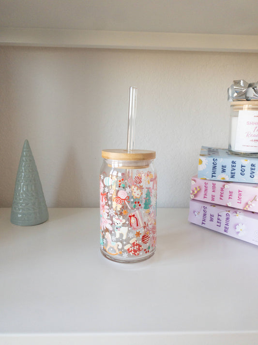 Pastel Holiday Glass Cup – 16oz: Add bent straw and lid