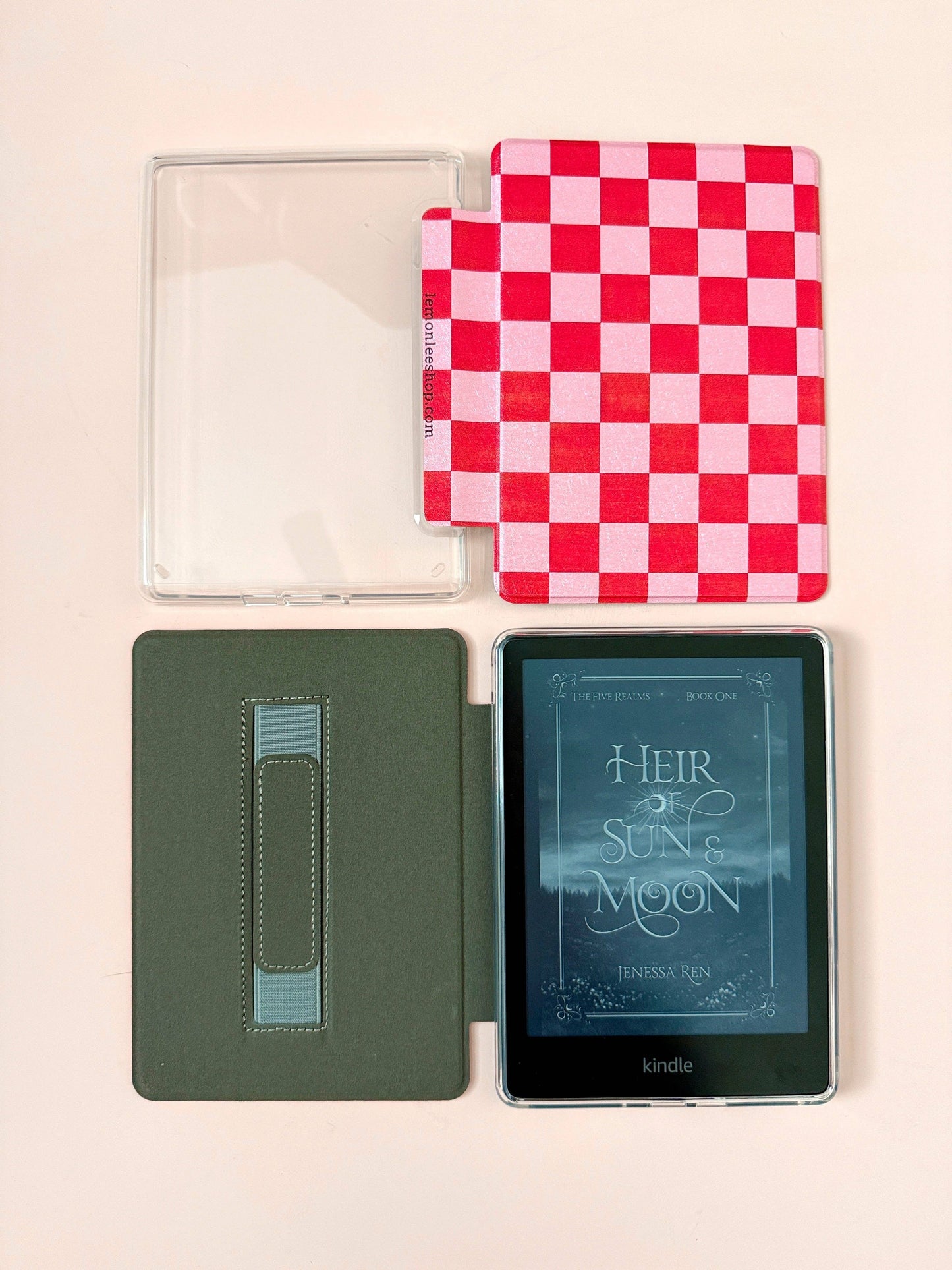 Kindle Case Cover w/ Clear Back & Cover Strap - Red/ Pink Checkers - 11th Generation 6.8” Paperwhite