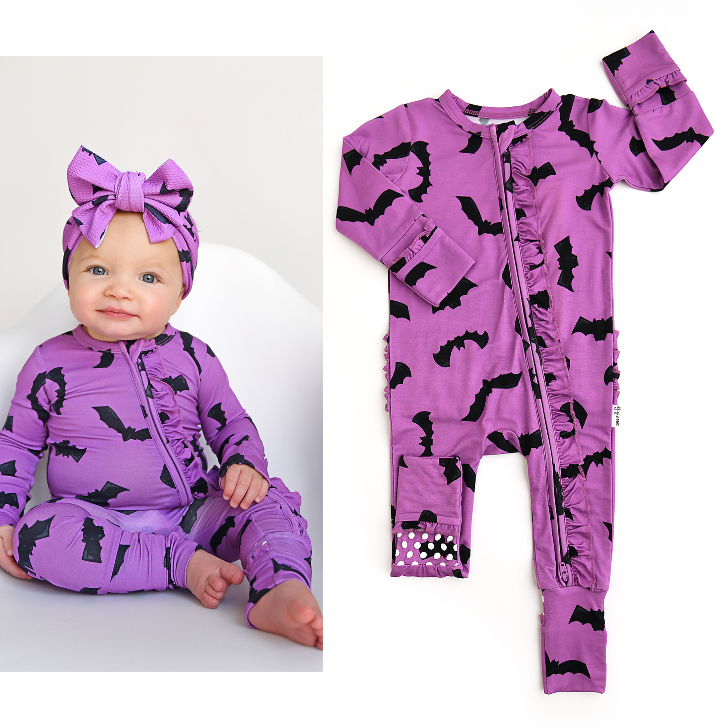 Echo Purple Bats RUFFLE ZIP Bamboo Halloween Baby Lounge Set