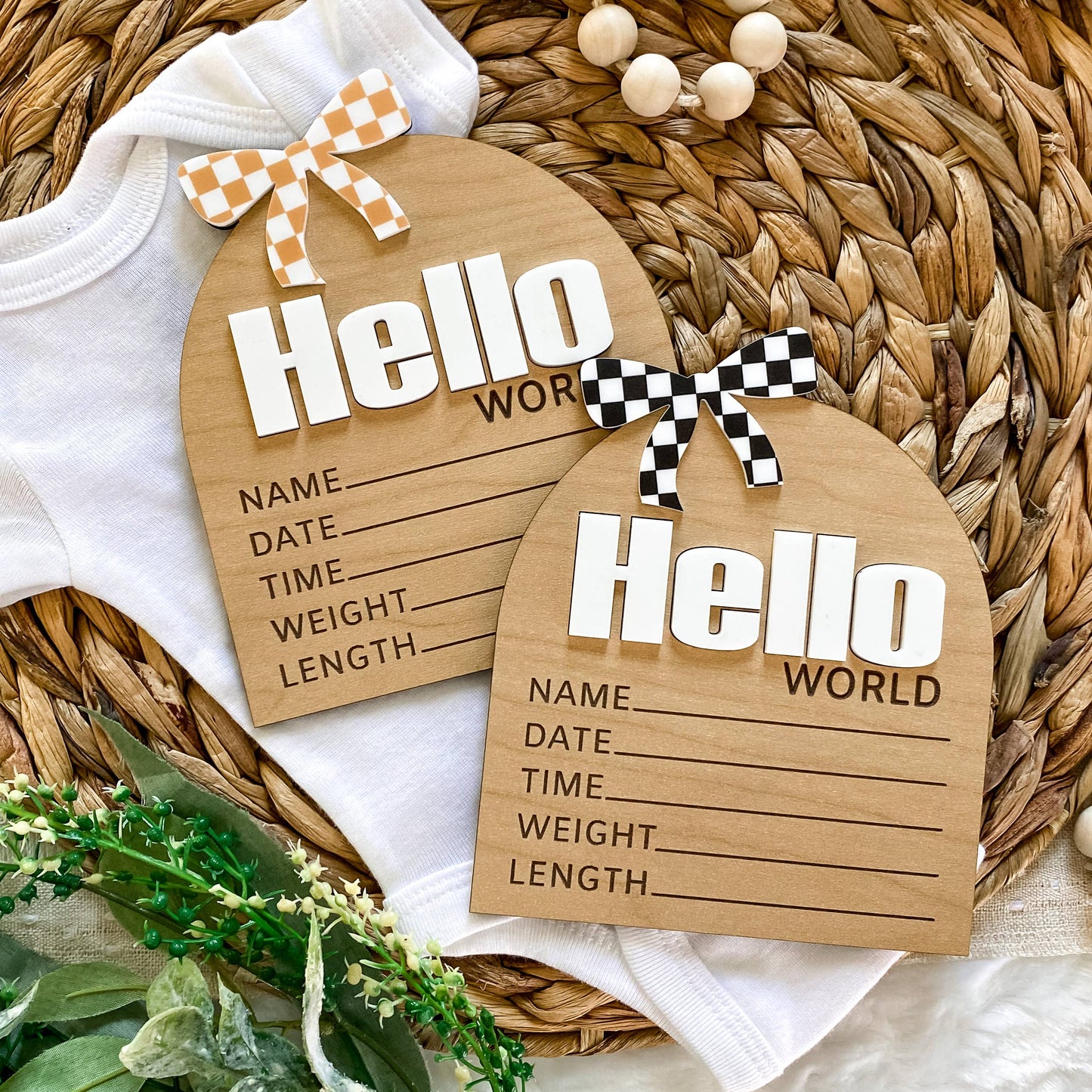 Hello World Birth Stat Sign - Checkered Bow: Black