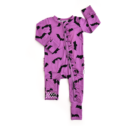Echo Purple Bats RUFFLE ZIP Bamboo Halloween Baby Lounge Set