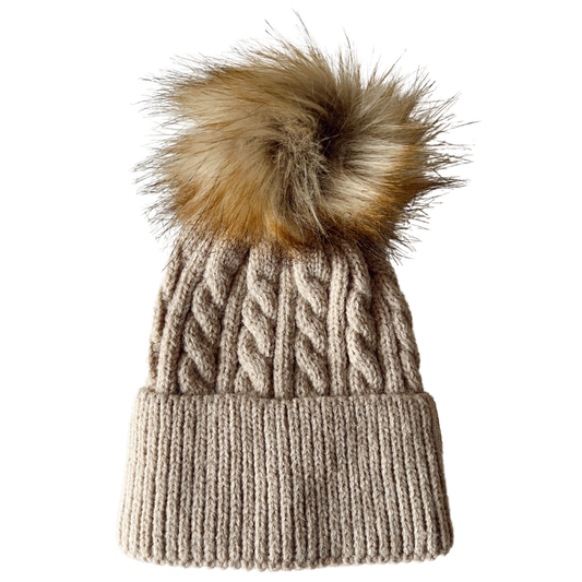 Cable Knit Fur Pom Hat, Oak: 12 mo. - 4 yr.