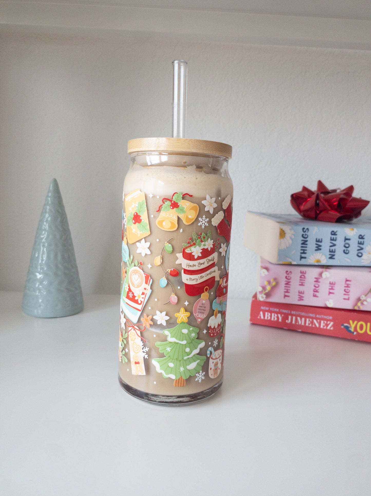 Holiday Bookish Glass Cup – 16oz & 20oz : Add lid and straw / 16 oz