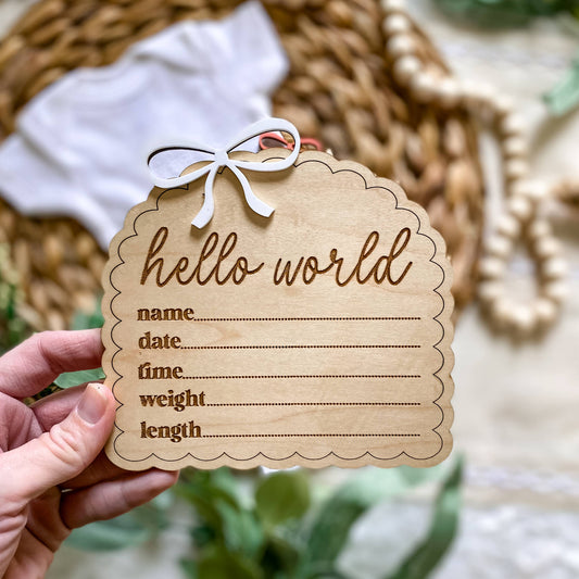 Hello World Birth Stat Sign - Dainty Bow: White